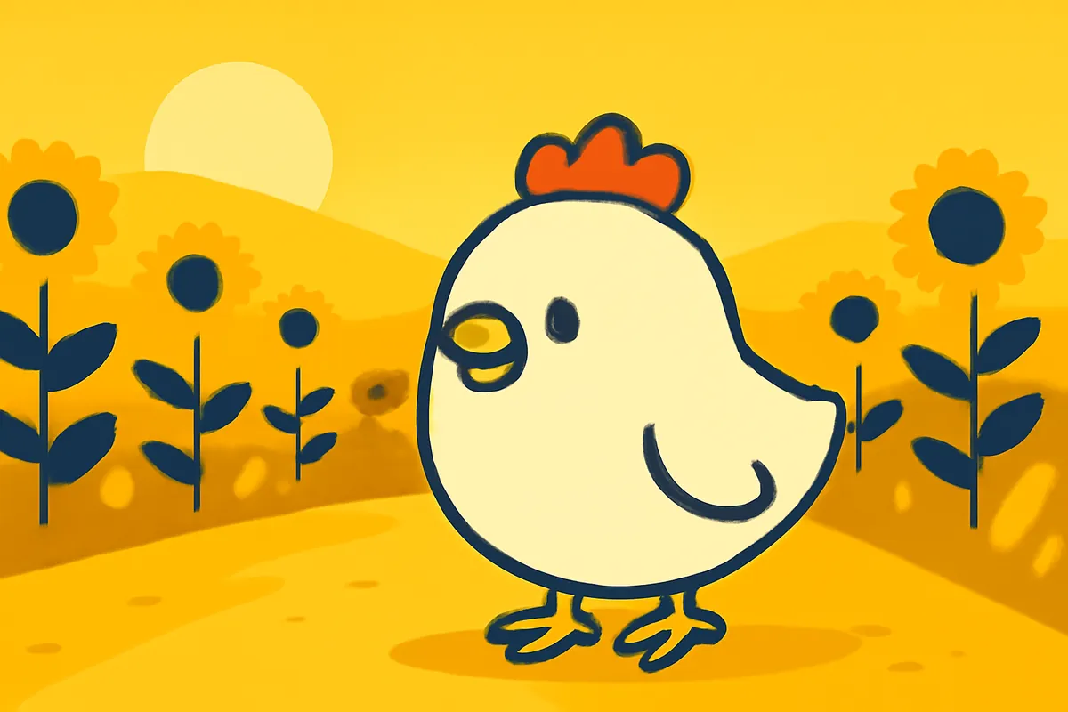 Illustration: Das Chicken-Road-Huhn unterwegs auf einer Landstraße