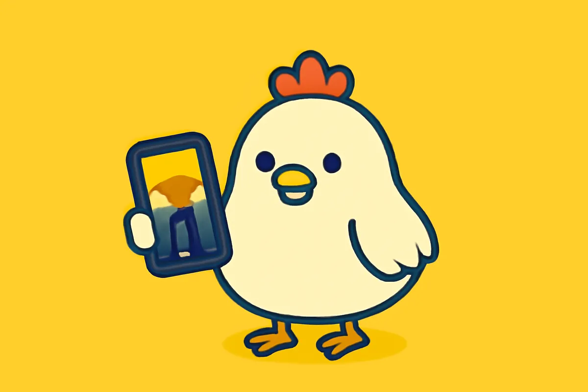 Illustration: Das Huhn hält ein Smartphone mit einer Straßenszene