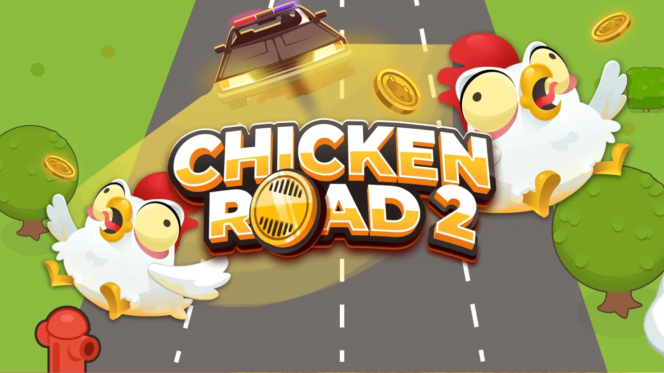 Chicken Road 2 Werbebanner mit Polizeiauto und Hühnern als zentrales Spielmotiv für aktuelle Aktionen