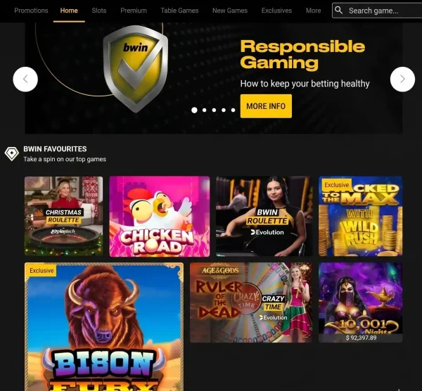 Bwin Casino-Startseite mit Spieleübersicht und Crash-Games-Kategorie