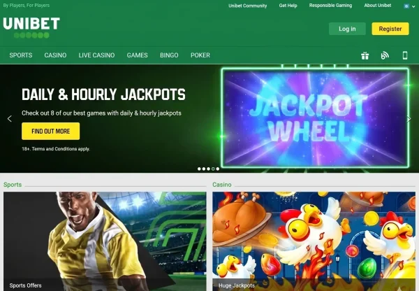 Unibet Casino-Startseite mit Jackpot-Rad und Übersicht der verfügbaren Spiele